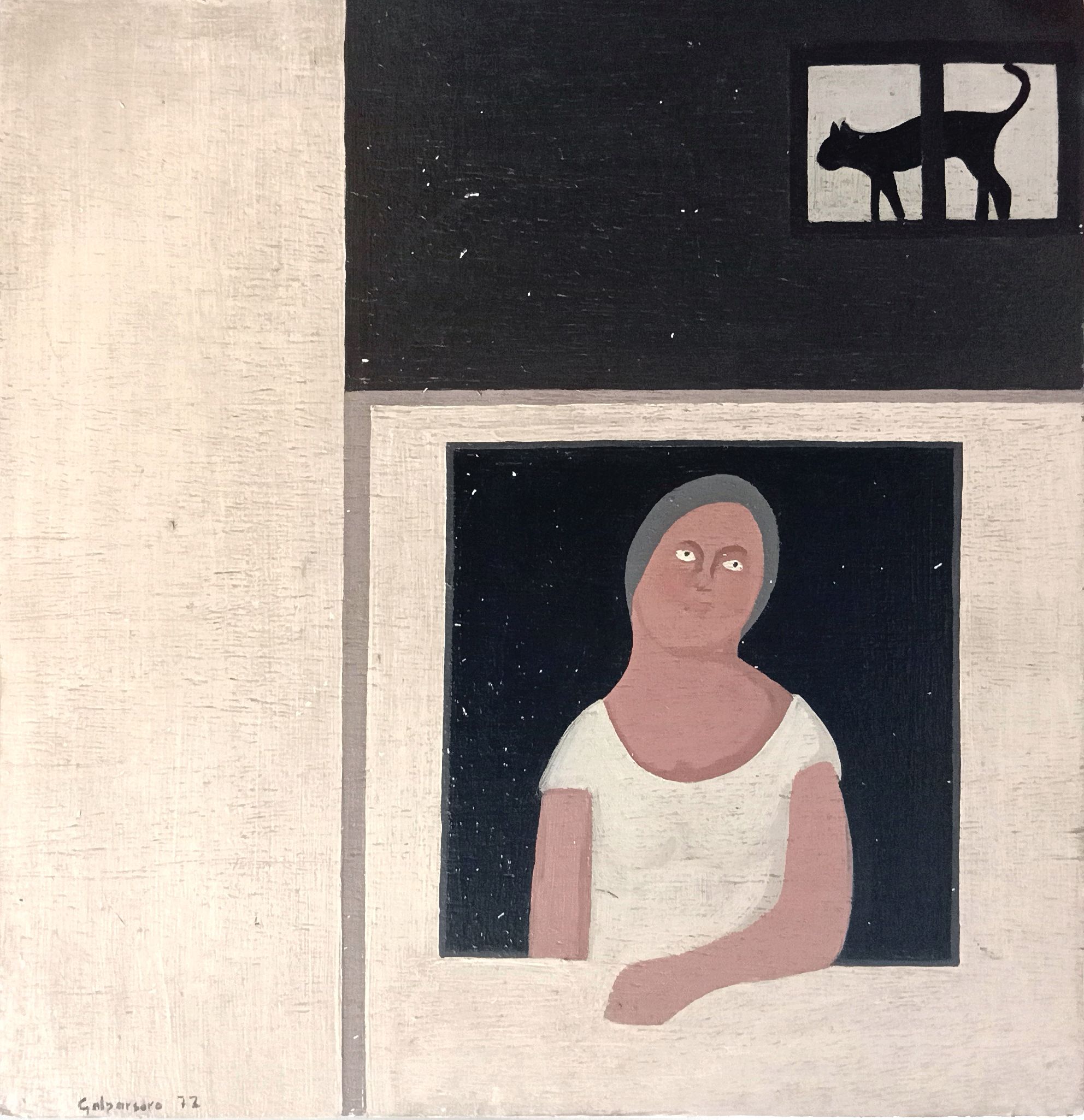 1972 Mujer y gato en ventanas 33,3x32 Óleo sobre tabla
